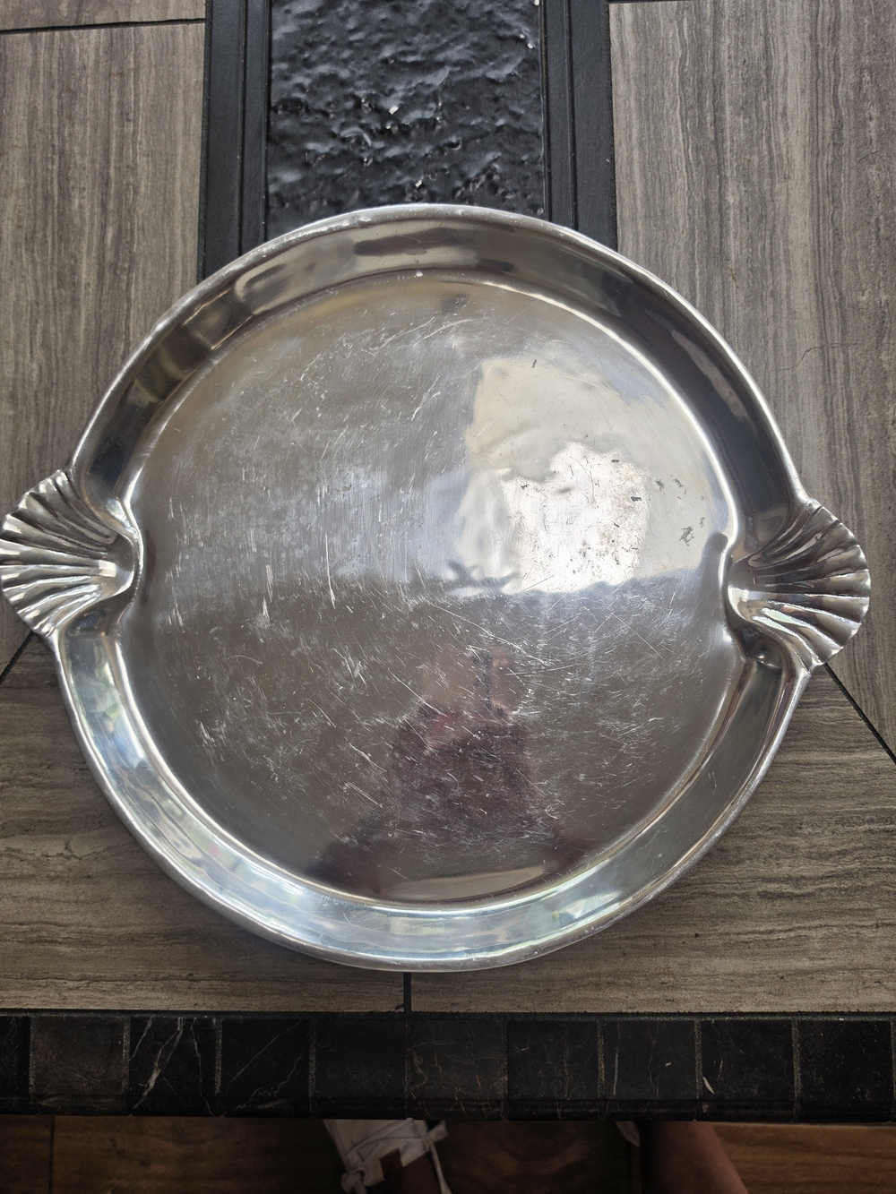 Silver Metal Serving Tray with Shell-Style Handles - Silver